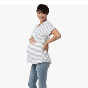 Kindred Bravely Linen blend Relaxed Nursing & Maternity T-shirt Navy Pinstrip